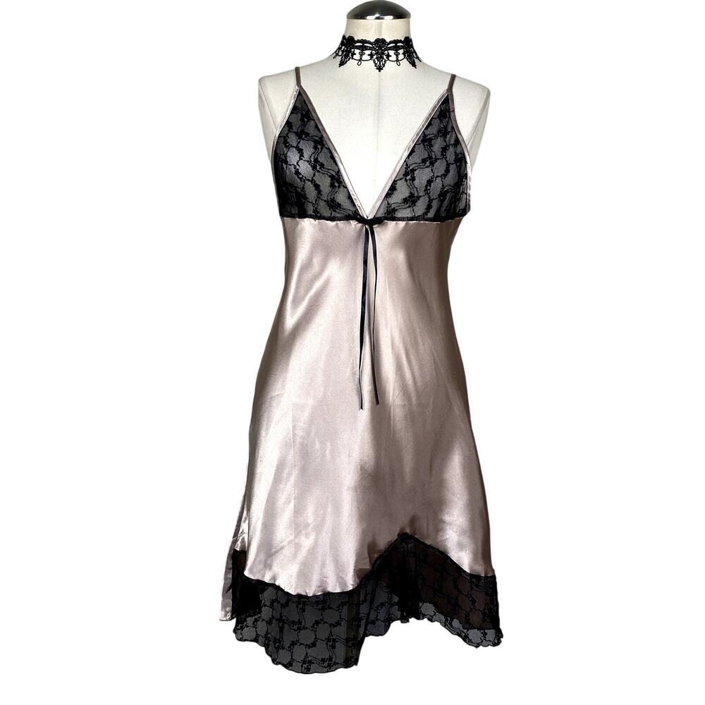 Victoria Underwear Baby Pink Satin Black Lace Romantic Goth Slip Dress Sz S